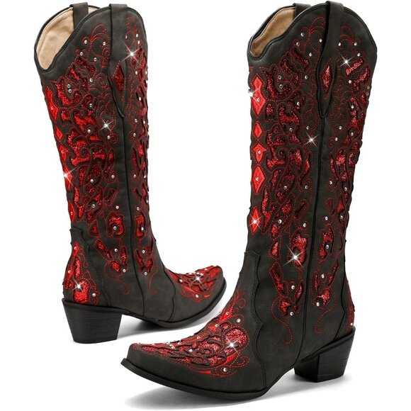 Red Women Sparkly Rhinestone Wedding Boots Trendy Vintage Tall Glitter Boot - Picture 1 of 5
